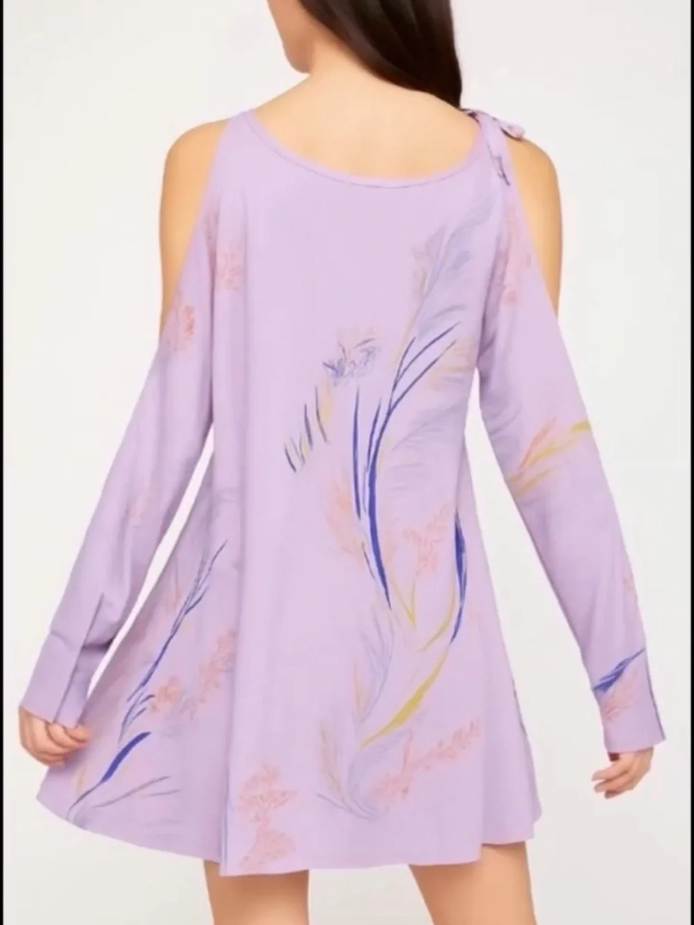Free People Clear Skies Lavender Cold-Shoulder Floral Long Sleeve Mini Dress